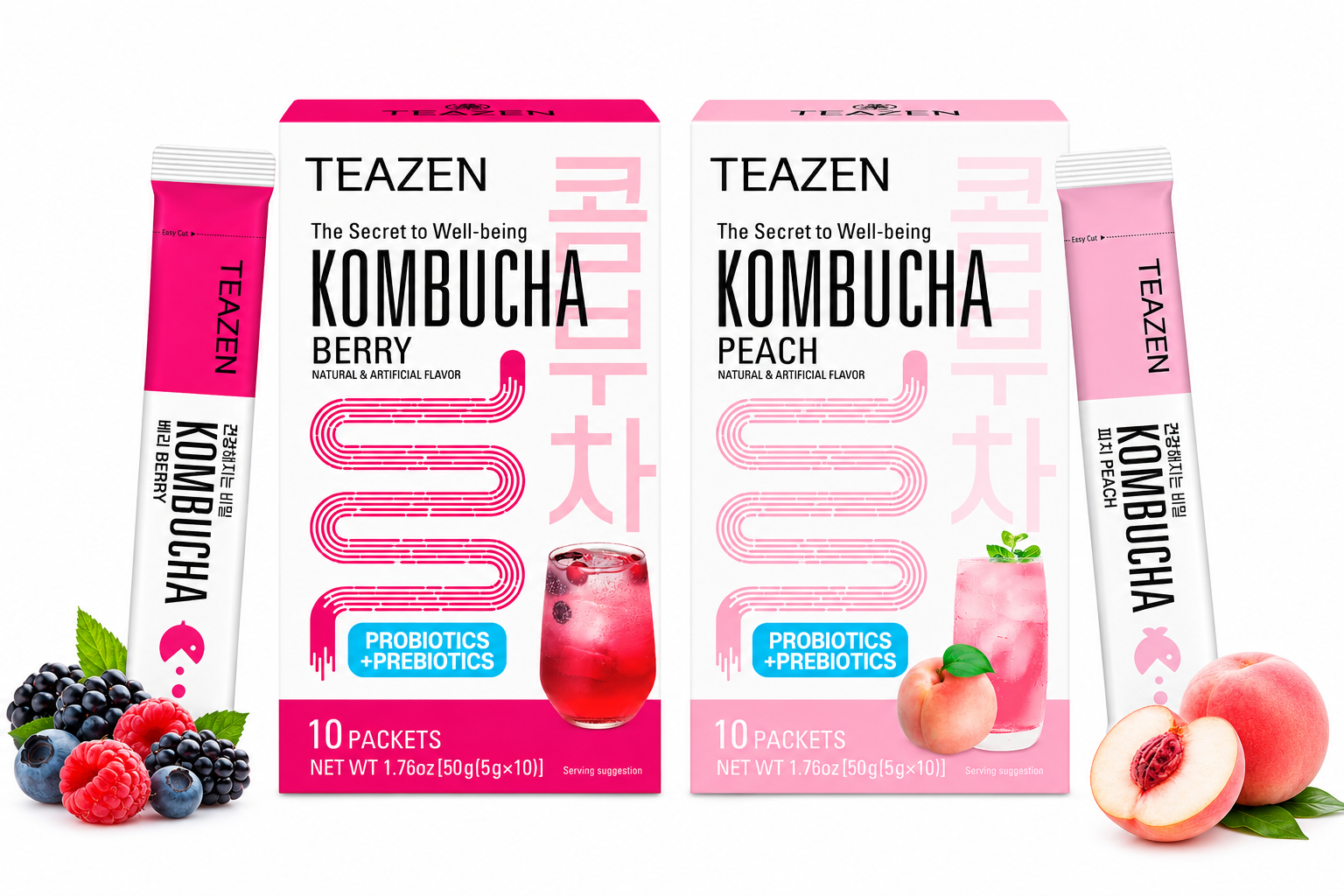 TEAZEN Korean Kombucha Refreshing Duo Pack (Peach + Berry) | Sugar-Free, Probiotic Gut Health Drink Mix | 20 Sachets (100g)