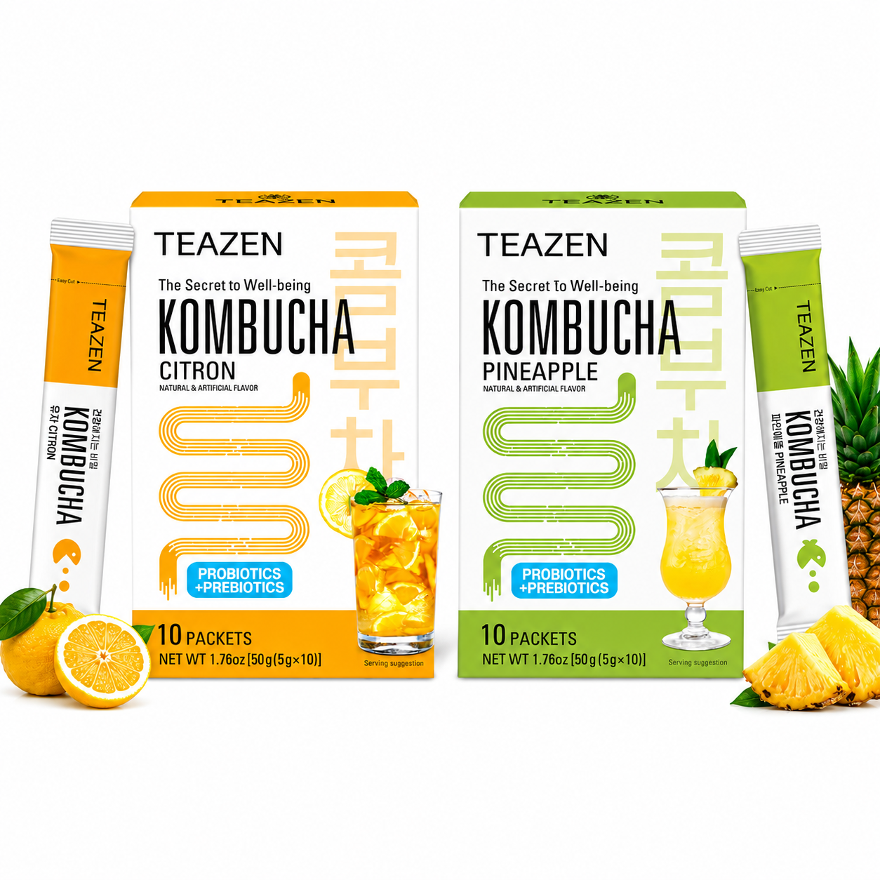TEAZEN Korean Kombucha Tropical Citrus Pack (Citron + Pineapple) | Sugar-Free, Probiotic Gut Health Drink Mix | 20 Sachets (100g)