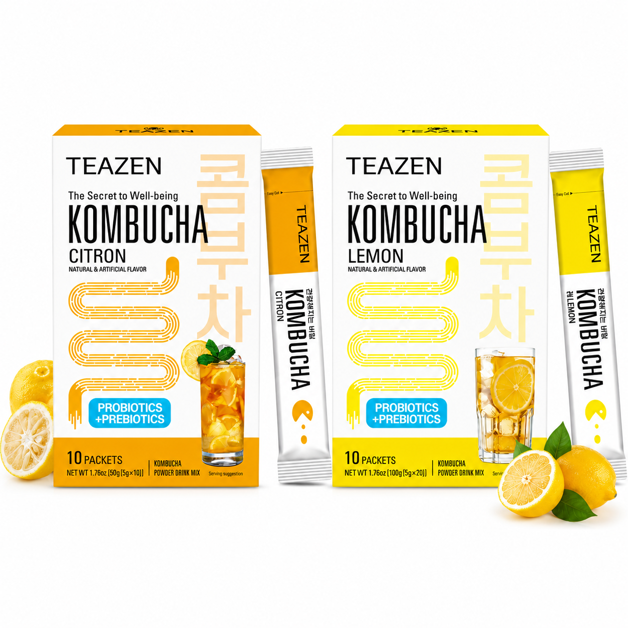 TEAZEN Korean Kombucha Citrus Duo Pack (Citron + Lemon) | Sugar-Free, Probiotic Gut Health Drink Mix | 20 Sachets (100g)