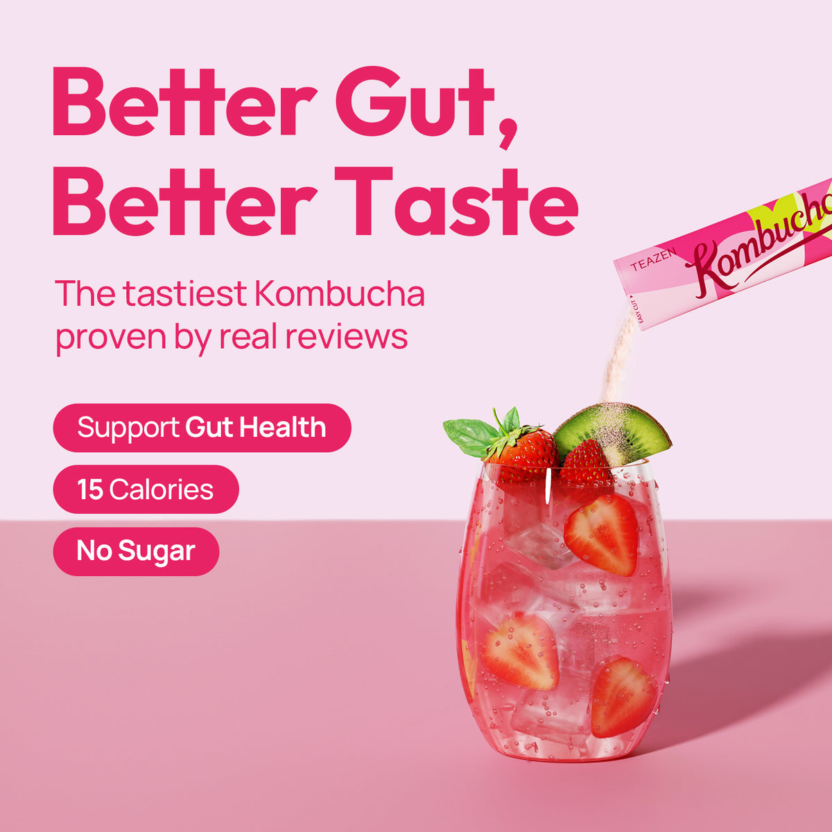 TWICE x TEAZEN Kiwi Strawberry Kombucha | Sugar-Free Probiotic Gut Health Drink Mix | 10 Sachets (50g)