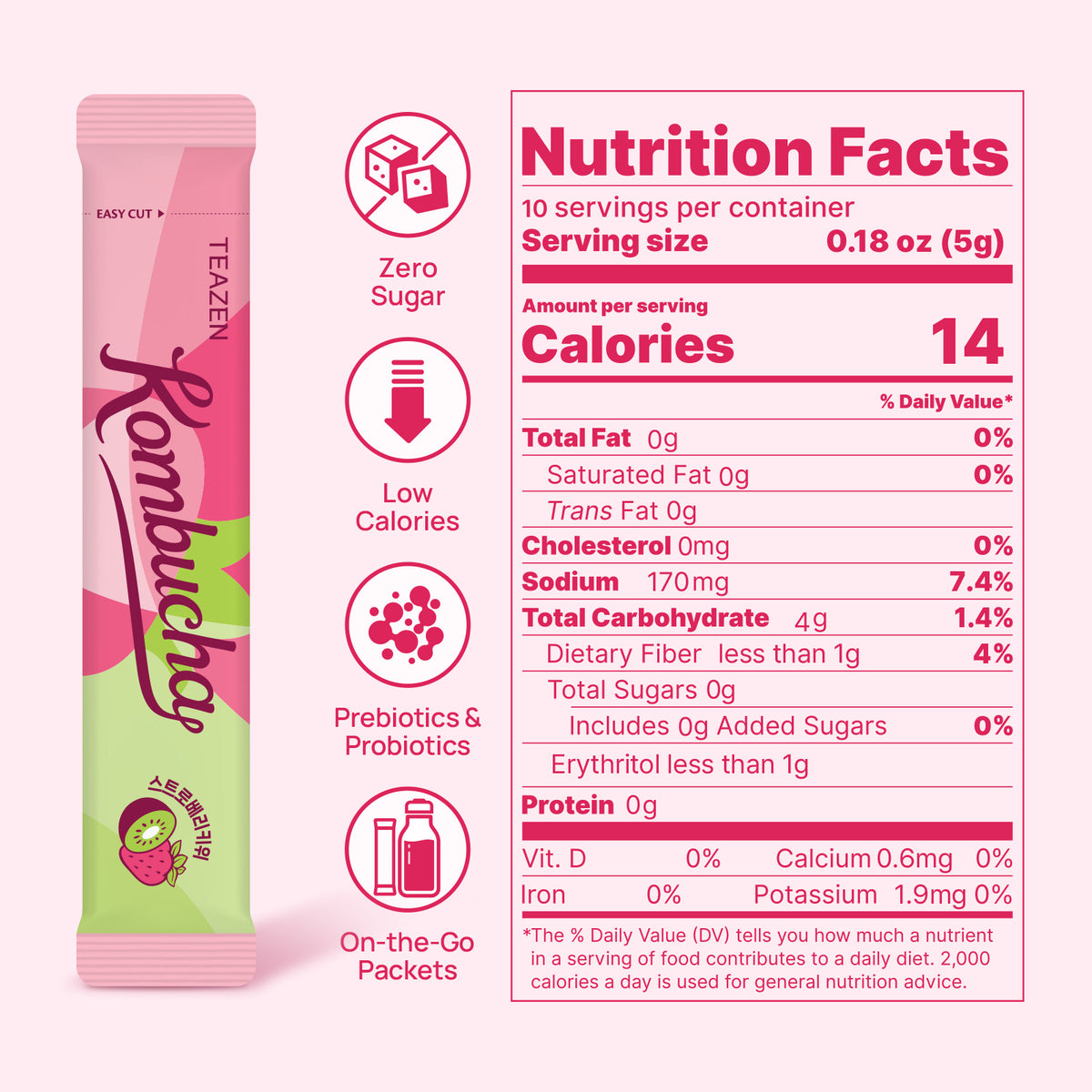 TWICE x TEAZEN Kiwi Strawberry Kombucha | Sugar-Free Probiotic Gut Health Drink Mix | 10 Sachets (50g)